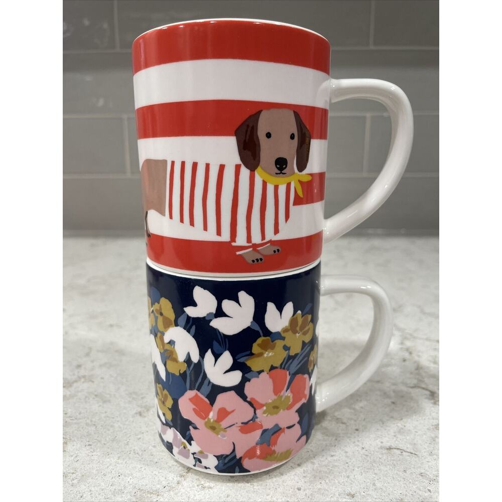 Set 2 Stackable JOULES 10oz Mugs Bone China Dachshund Dog + Floral Boxed Gift